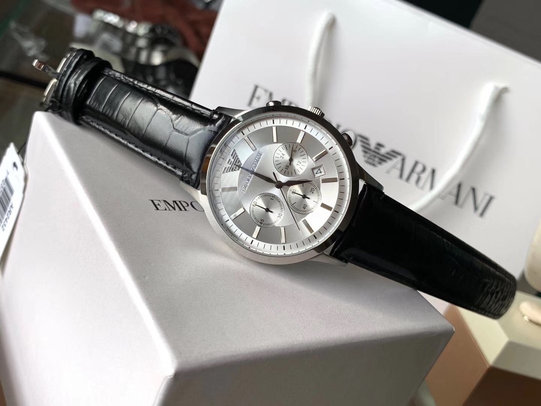 EMPORIO ARMANI Silver Dial Black Strap Watch — front