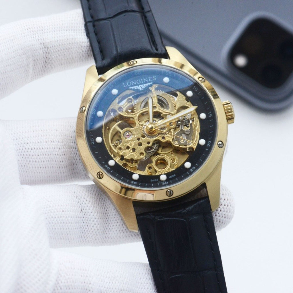 Longines Gold Black Leather Strap Watch — front