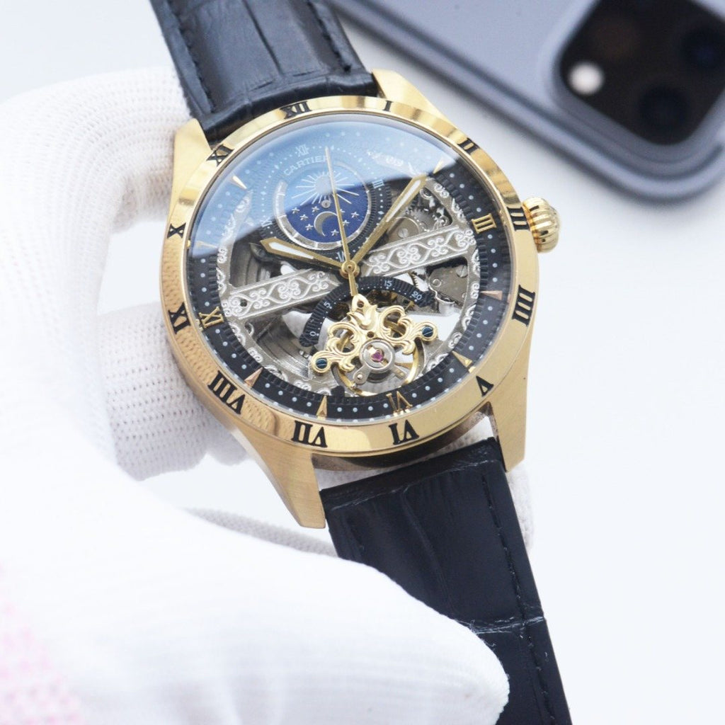 Longines Gold Black Leather Strap Watch — hero