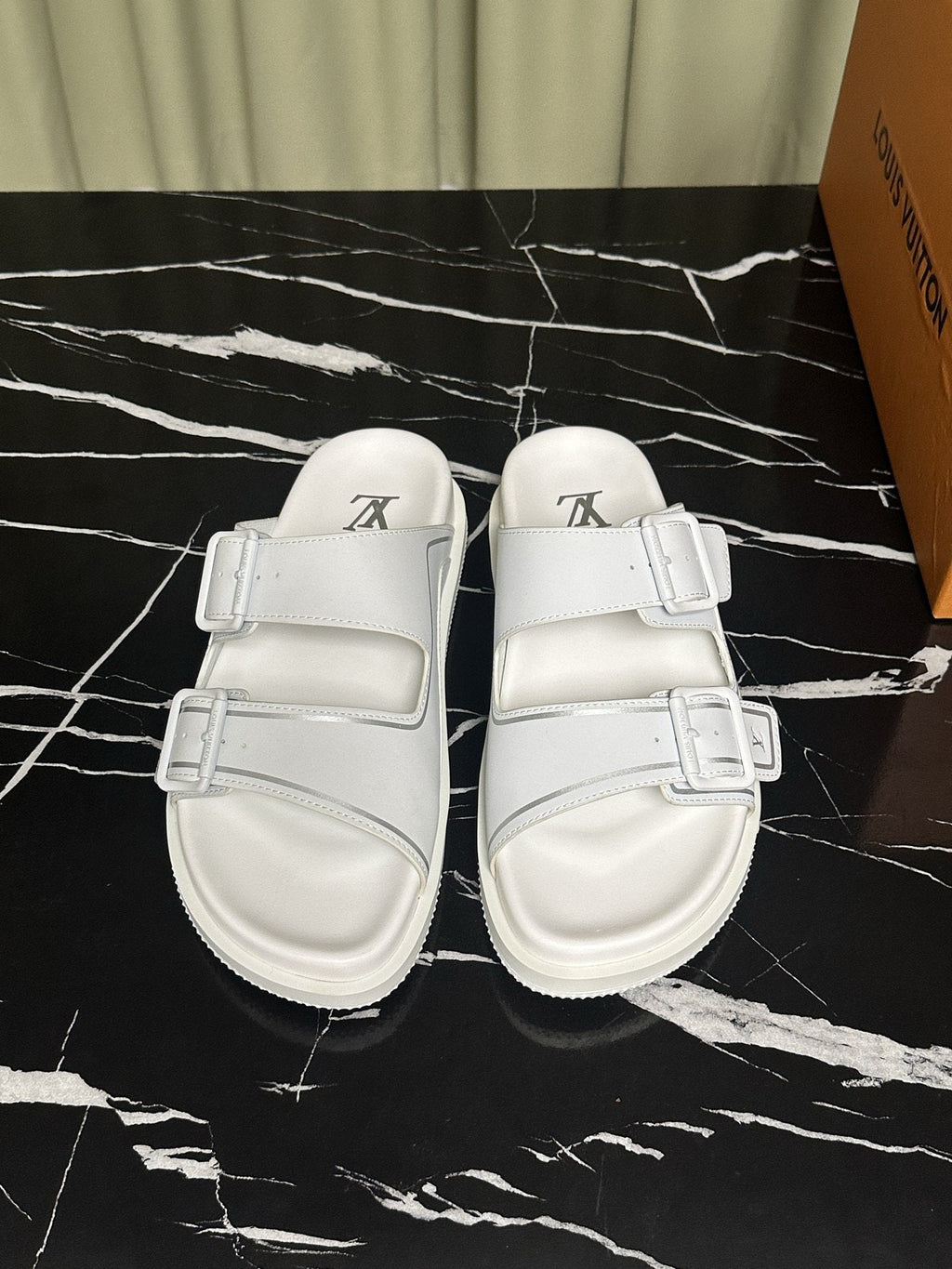 Louis Vuitton White Double-Buckle Slide Sandals — hero