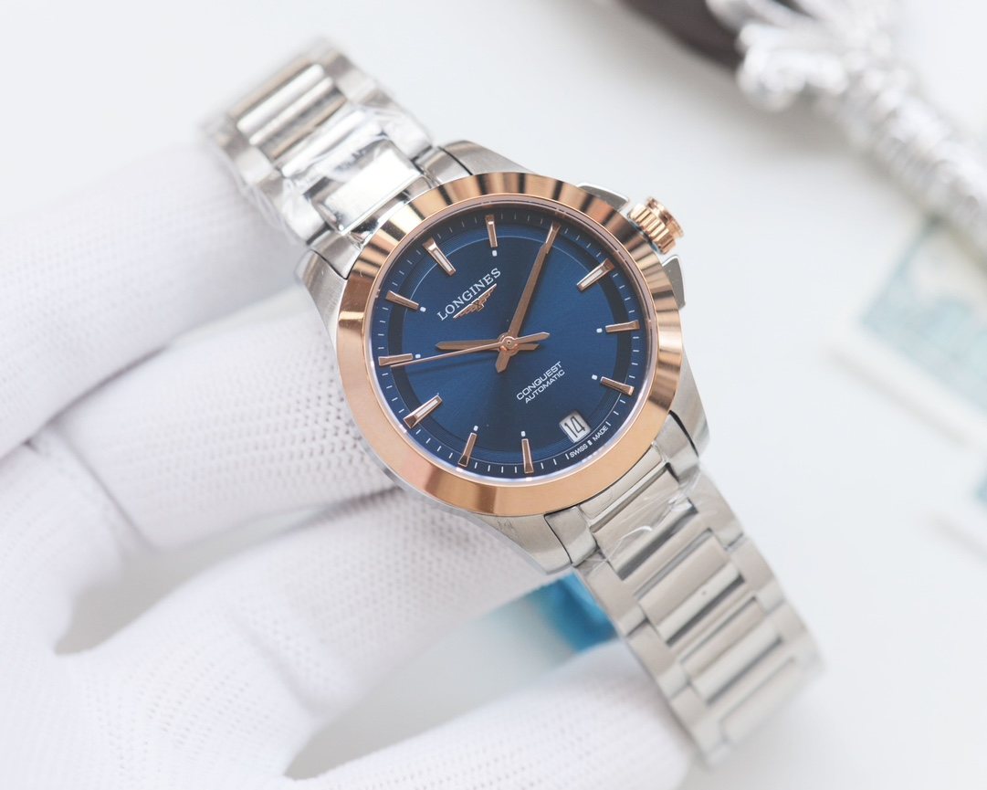 Longines Rose Gold Silver Blue Dial Bracelet Watch — hero