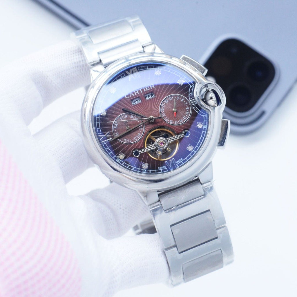 Cartier Silver Brown Dial Leather Strap Watch — front