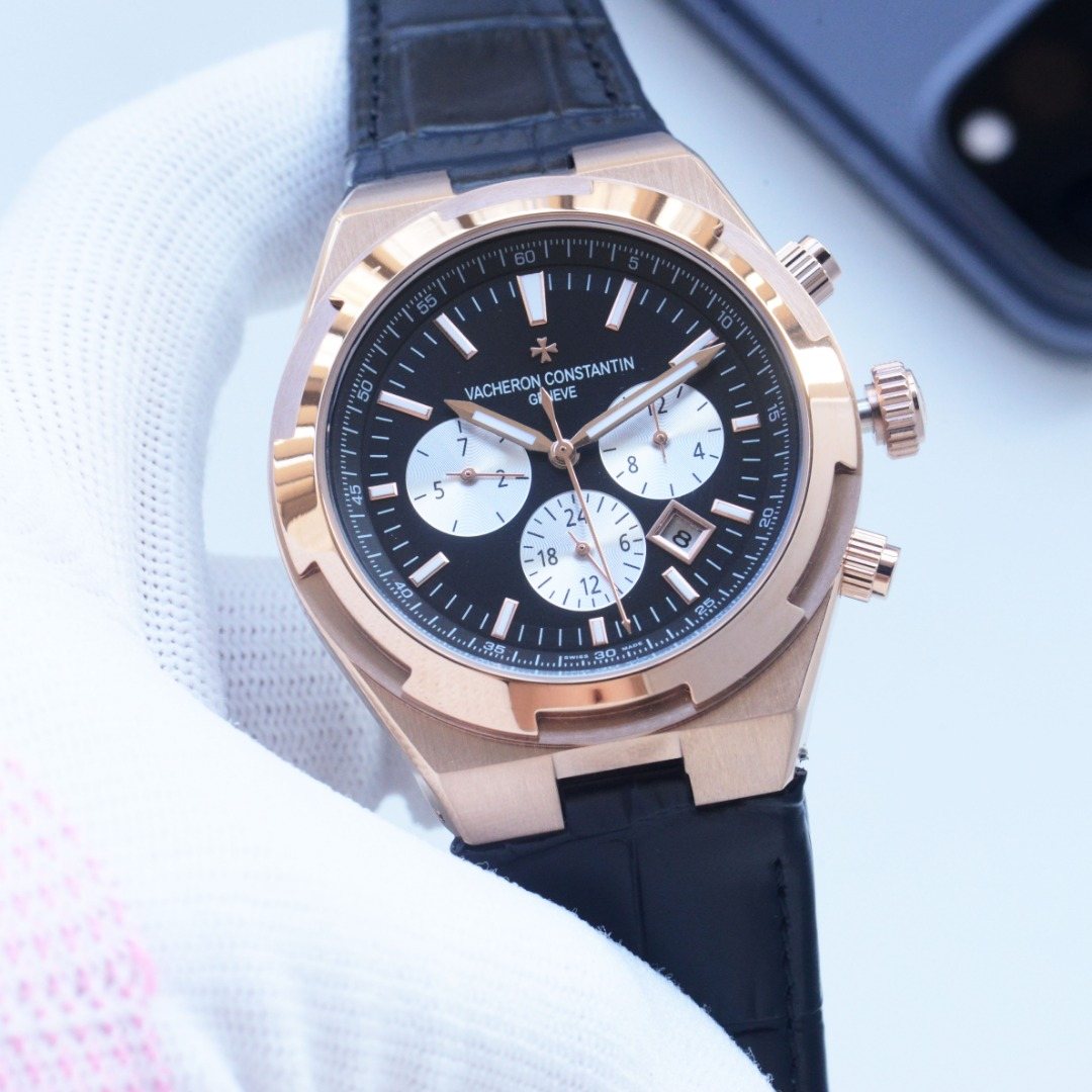 Vacheron Constantin Rose Gold Black White Dial Strap Watch — front