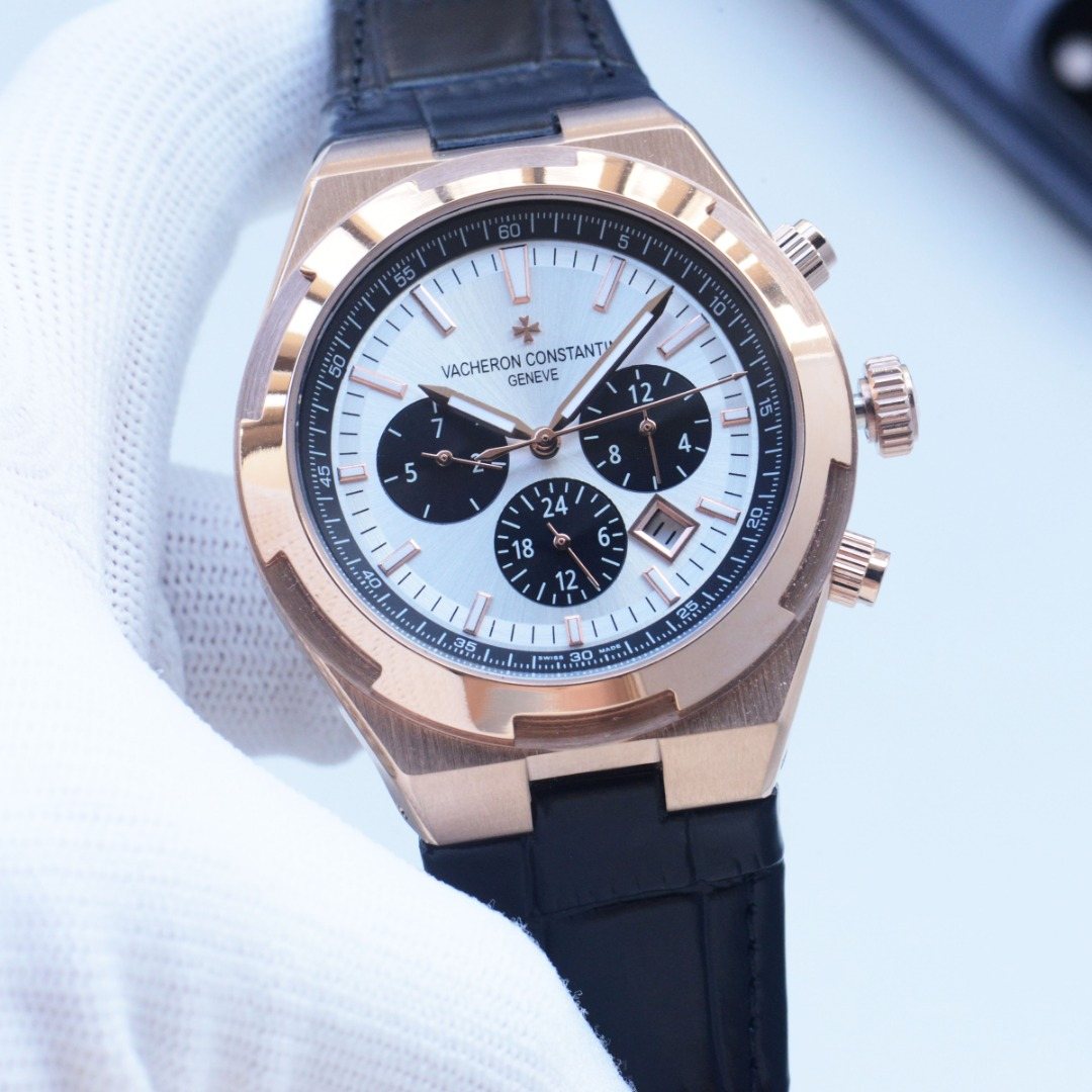 Vacheron Constantin Rose Gold Black White Dial Strap Watch — front