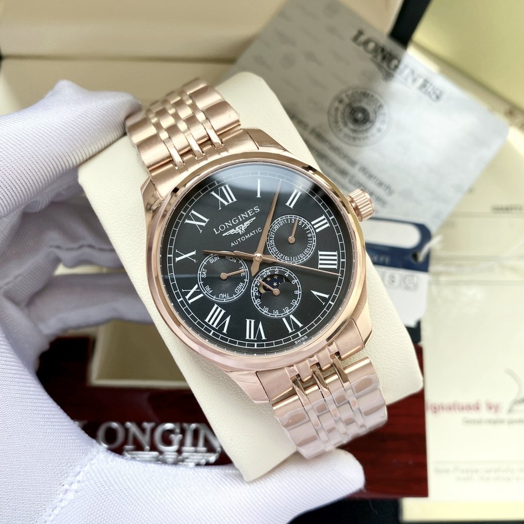 Longines Rose Gold Black Dial Bracelet Watch — hero