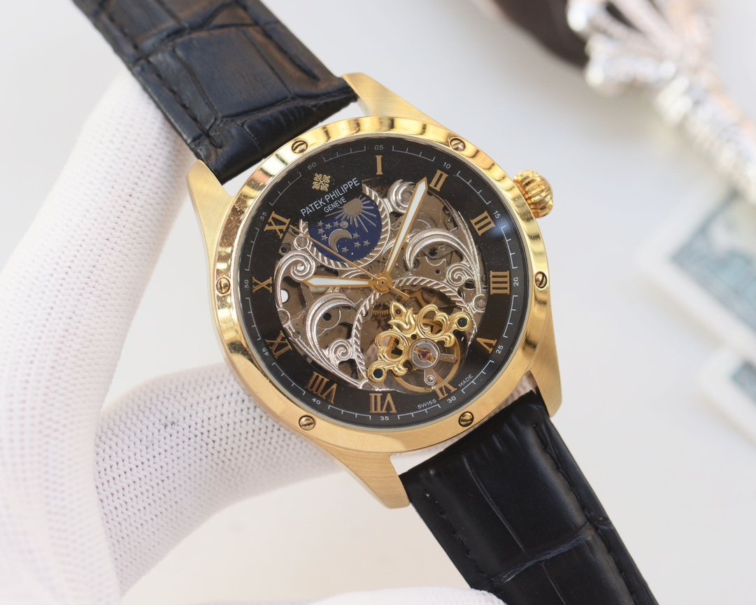Patek Philippe Gold Black Dial Leather Strap Watch — hero