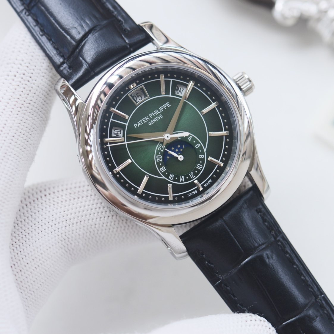 PATEK PHILIPPE Silver Black Green Dial Strap Watch — hero