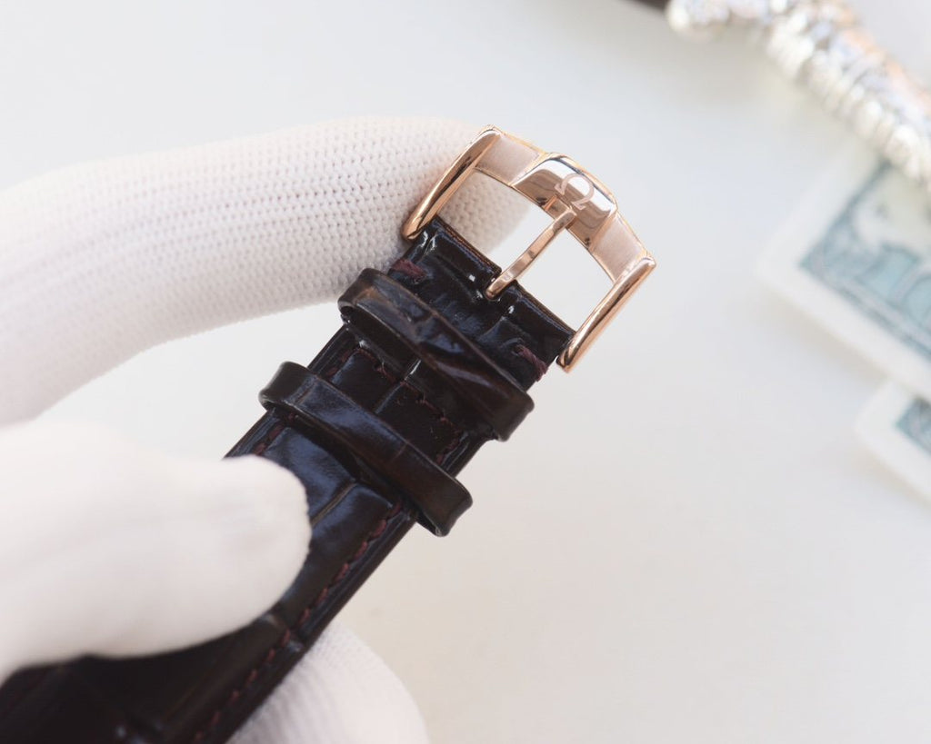Omega Rose Gold Brown White Dial Leather Strap Watch — detail