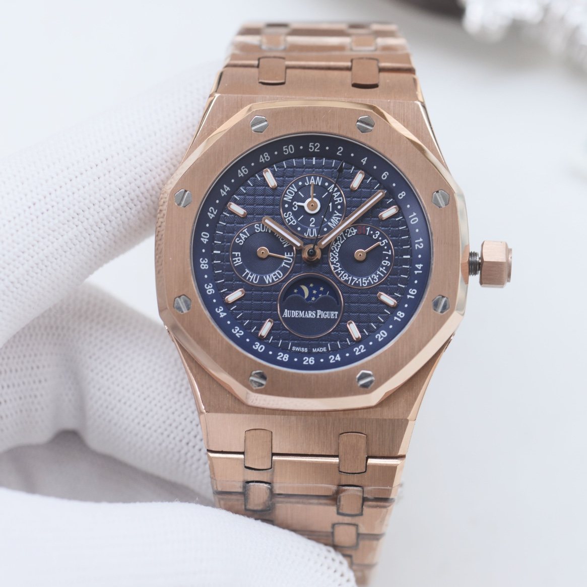 Audemars Piguet Rose Gold Blue Dial Bracelet Watch — front