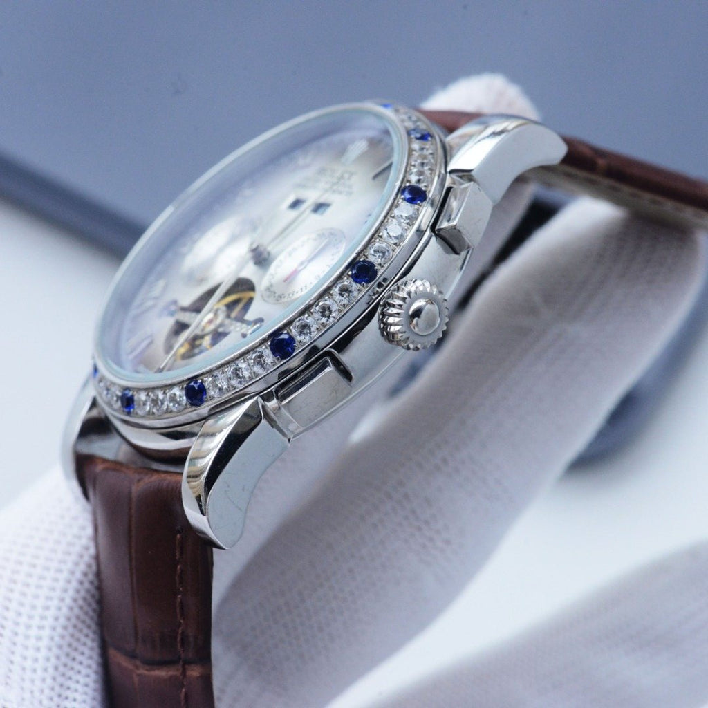 Rolex Silver Brown White Dial Strap Watch — side