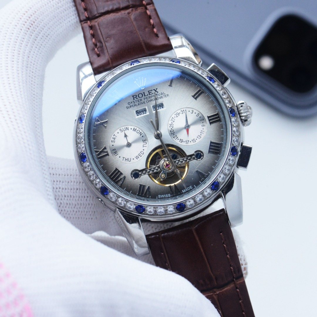 Rolex Silver Brown White Dial Strap Watch — hero