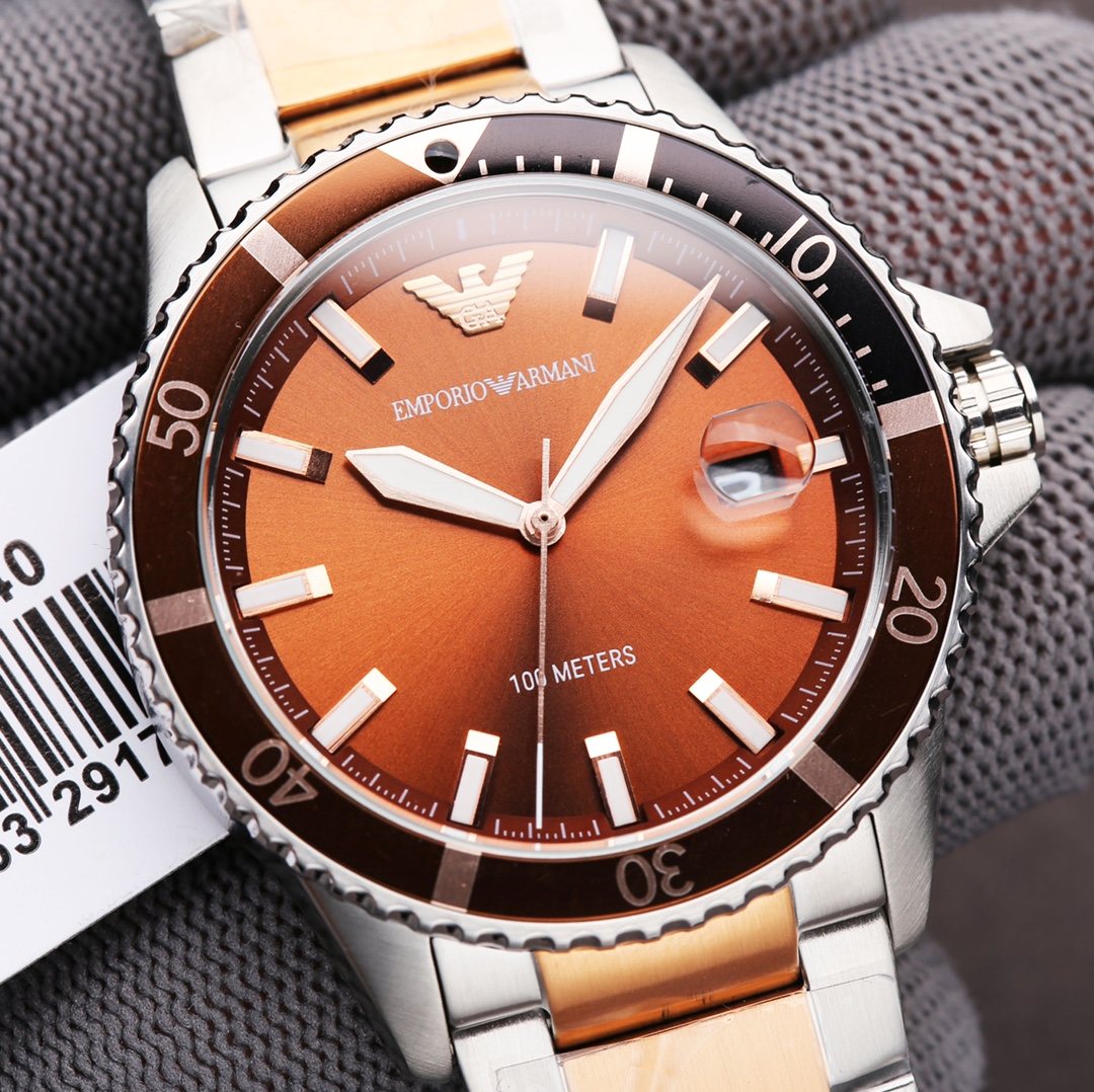 EMPORIO ARMANI Orange Dial Two-Tone Watch — front
