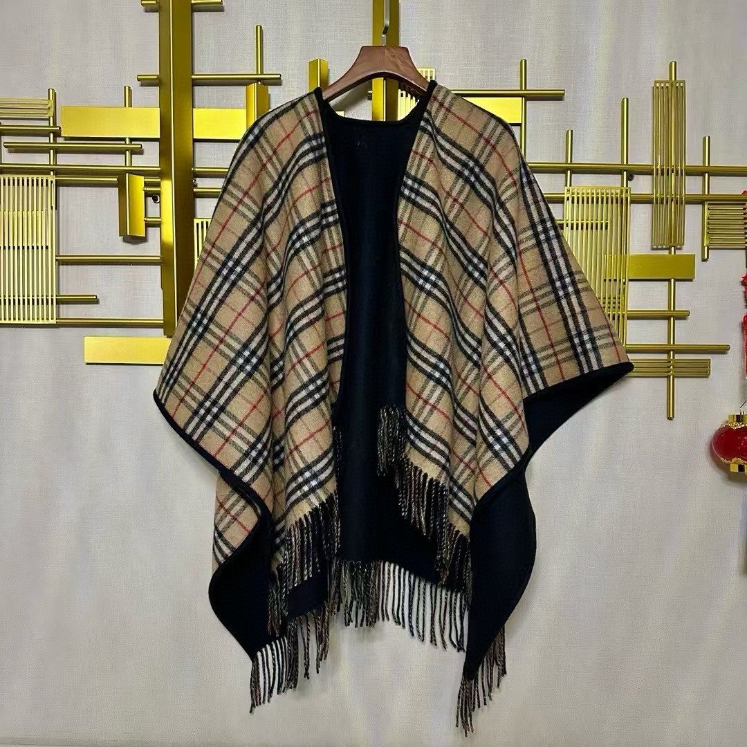 Burberry Reversible Plaid Fringe Cape Shawl — hero
