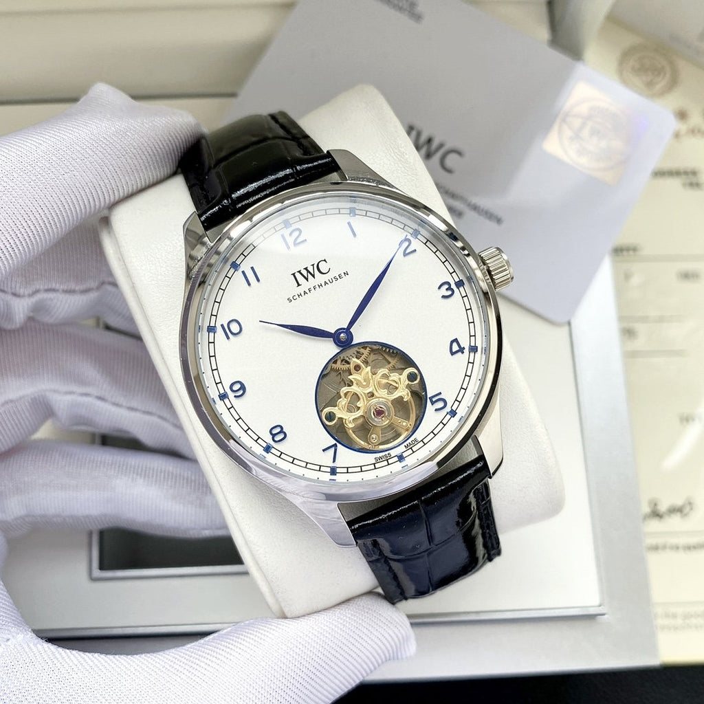 IWC Silver Black White Dial Strap Watch — front