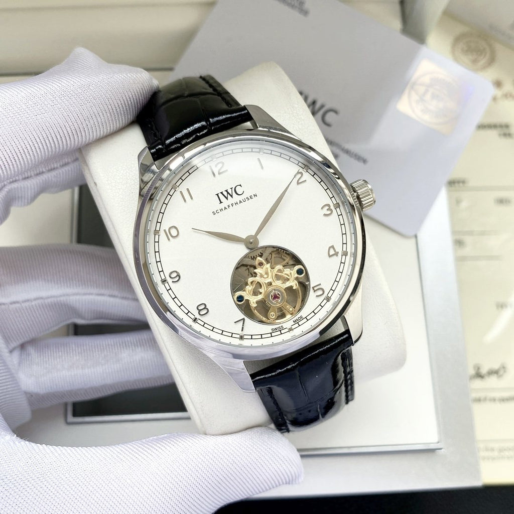 IWC Silver Black White Dial Strap Watch — front