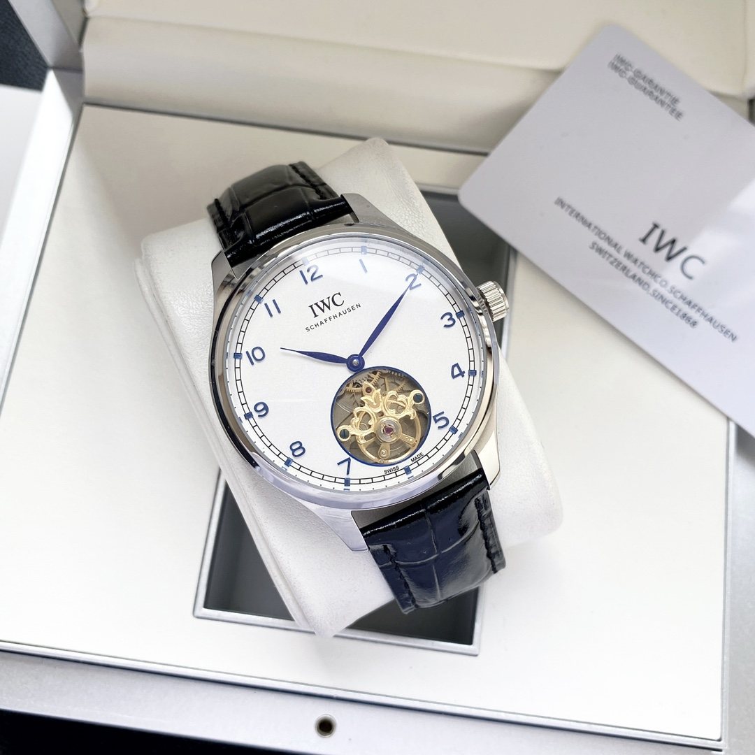 IWC Silver Black White Dial Strap Watch — front