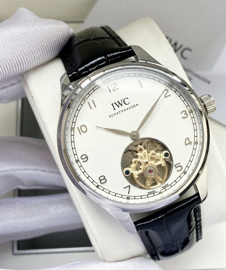 IWC Silver Black White Dial Strap Watch — hero