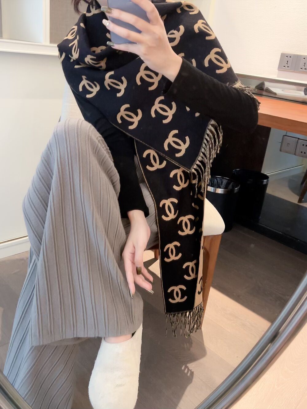 Chanel Interlocking Motif Fringed Scarf — model