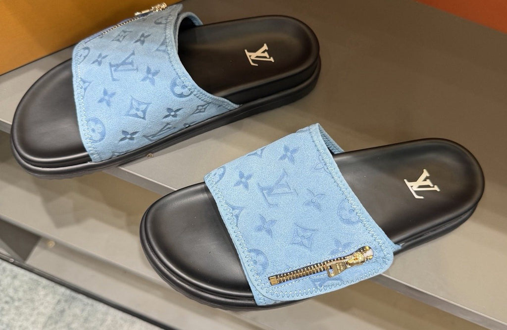 Louis Vuitton Light Blue Zip-Accent Slide Sandals — hero