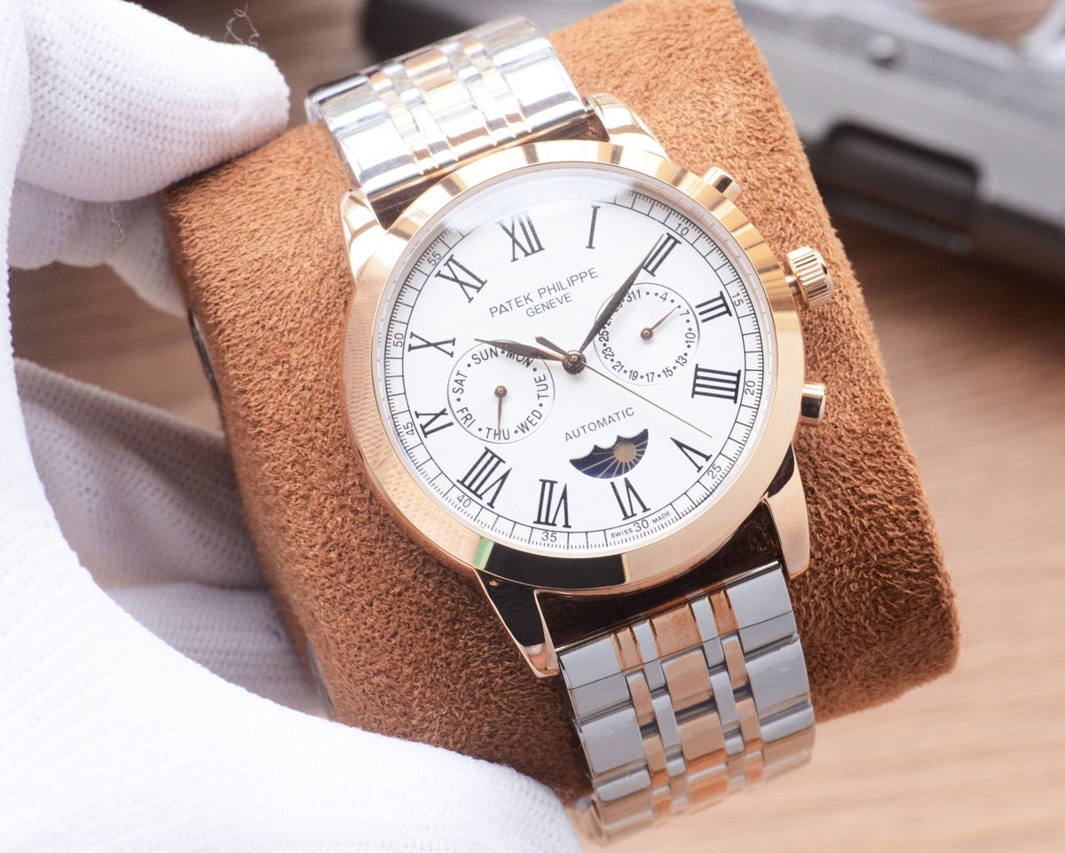 Patek Philippe Rose Gold Silver White Dial Bracelet Watch — front