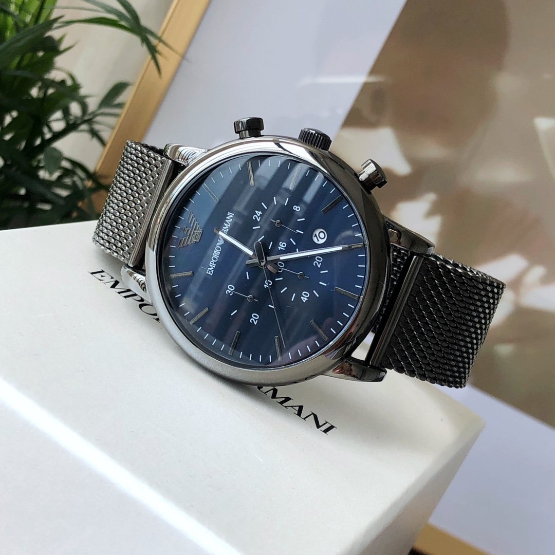 EMPORIO ARMANI Blue Dial Mesh Bracelet Watch — front