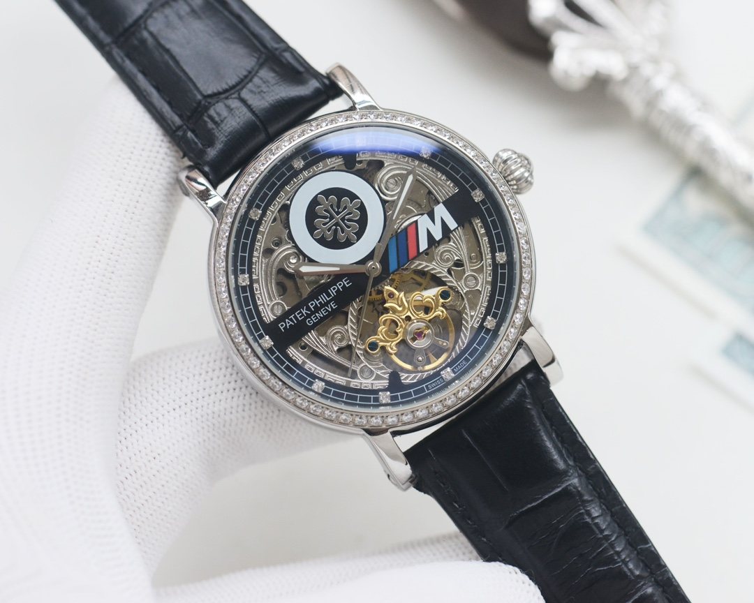 Patek Philippe Black Silver Strap Watch — front