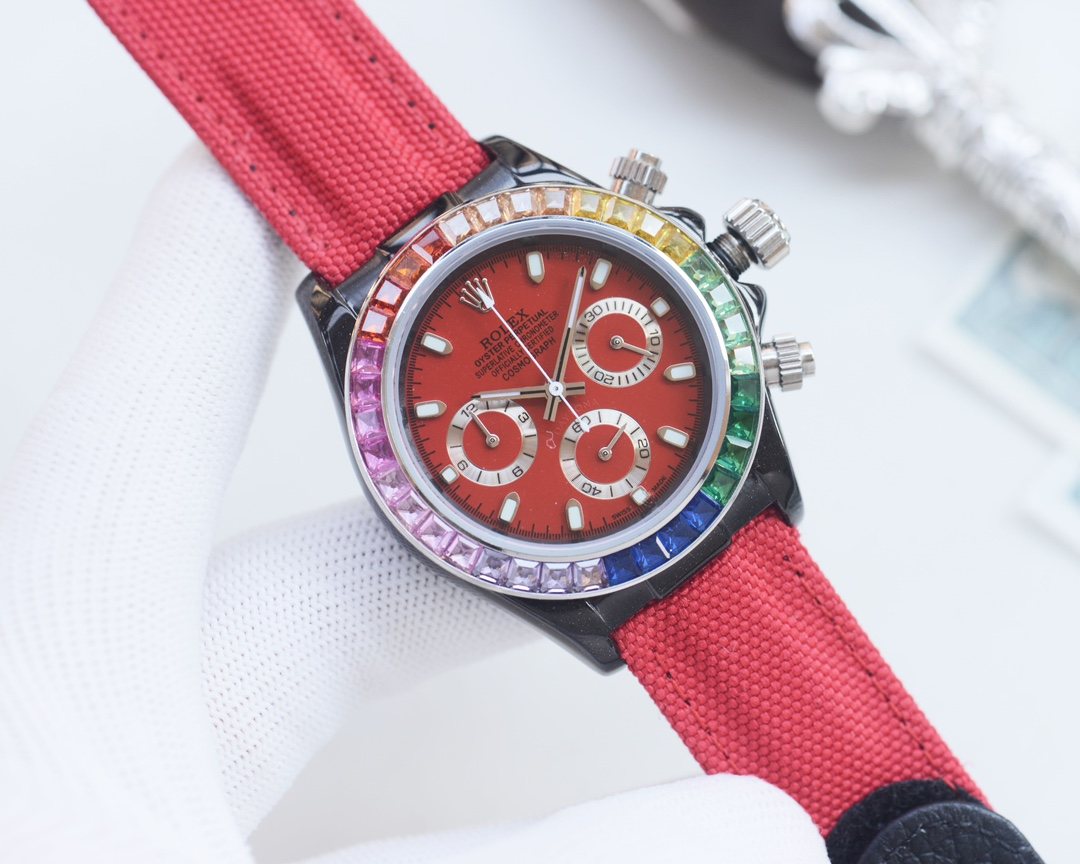 Rolex Silver Red Dial Strap Watch — front