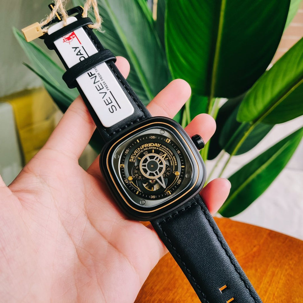 SEVENFRIDAY Black Gold Disc Dial Watch — front