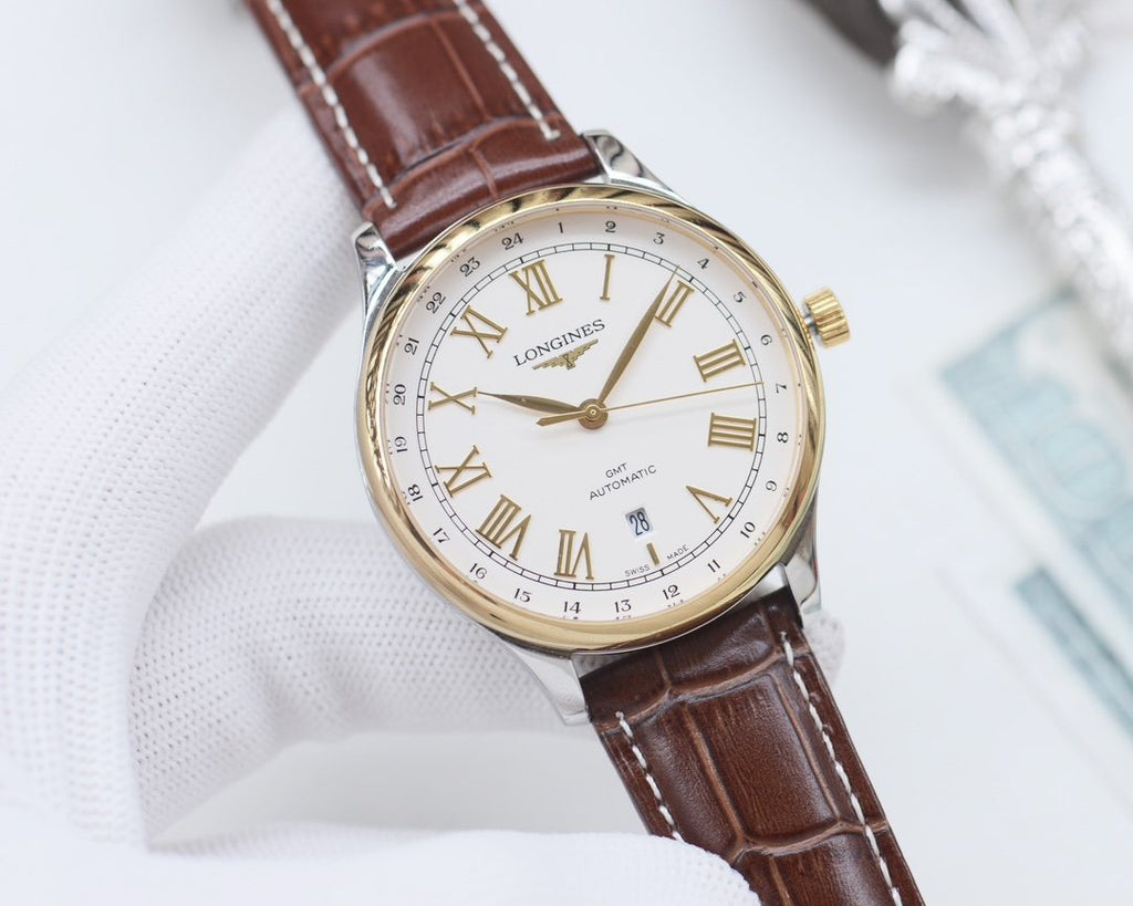 Longines Gold Brown White Dial Leather Strap Watch — hero