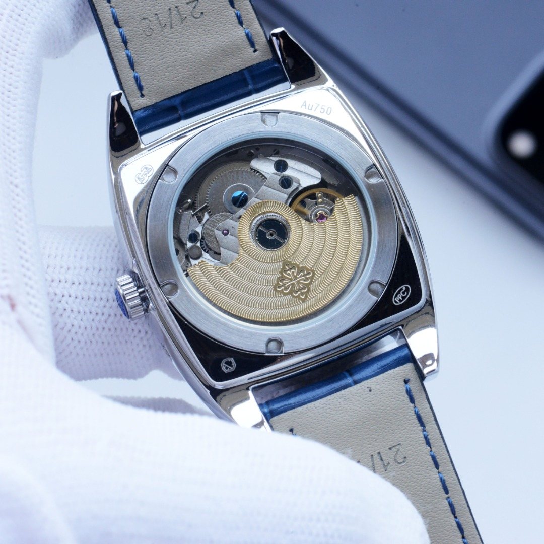 Patek Philippe Silver Blue Dial Strap Watch — back