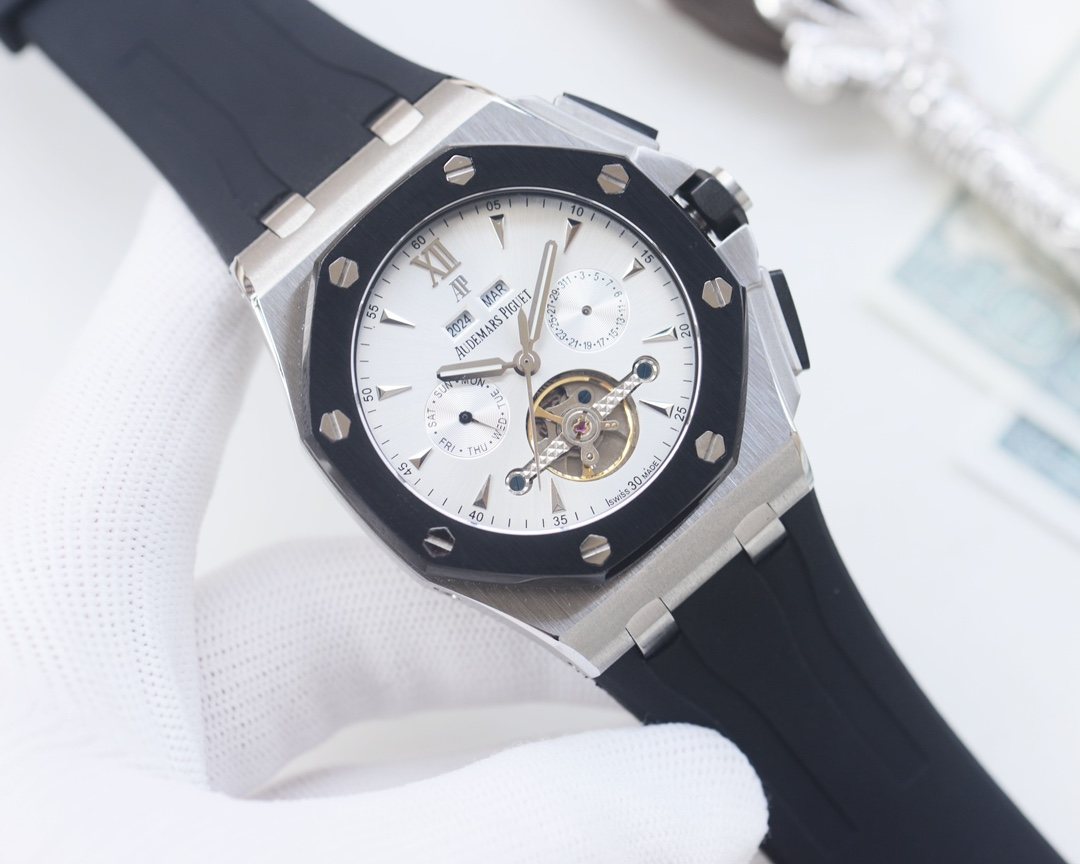 Audemars Piguet Silver Black White Dial Strap Watch — hero