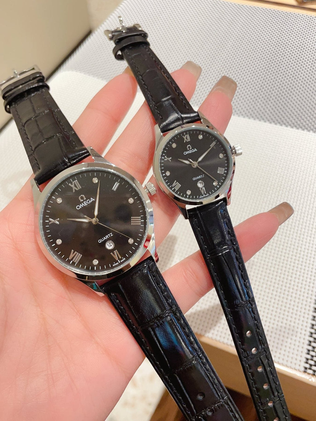 Omega Black Leather Black Dial Rose Gold Couple Watch Set — front