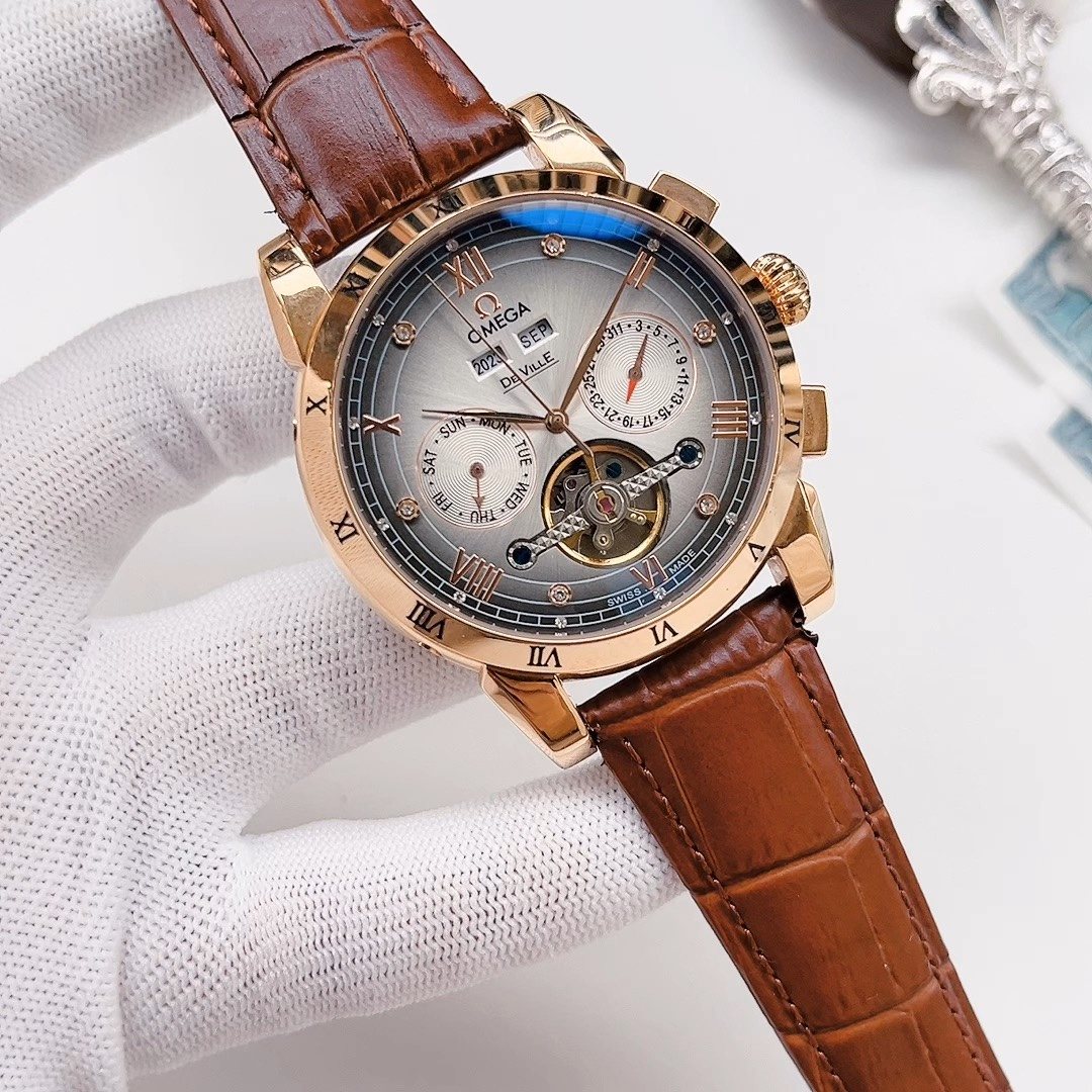 OMEGA Brown Rose Gold Silver Dial Strap Watch — hero
