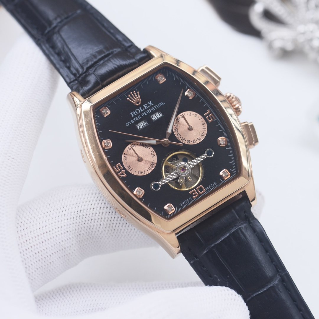 ROLEX Rose Gold Black Dial Strap Watch — hero