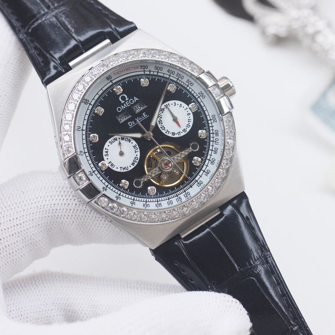 OMEGA Silver Black Dial Strap Watch — hero