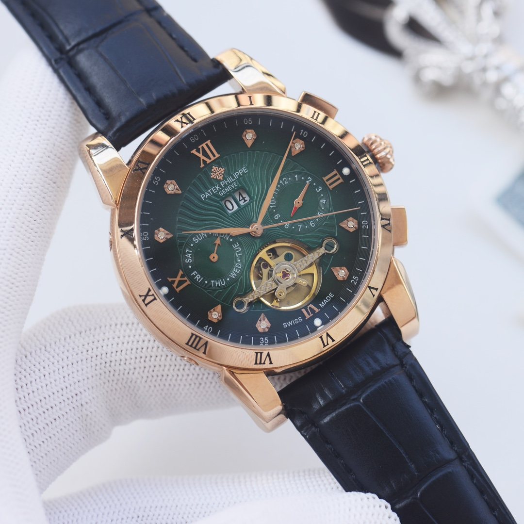 PATEK PHILIPPE Black Gold Green Dial Strap Watch — hero