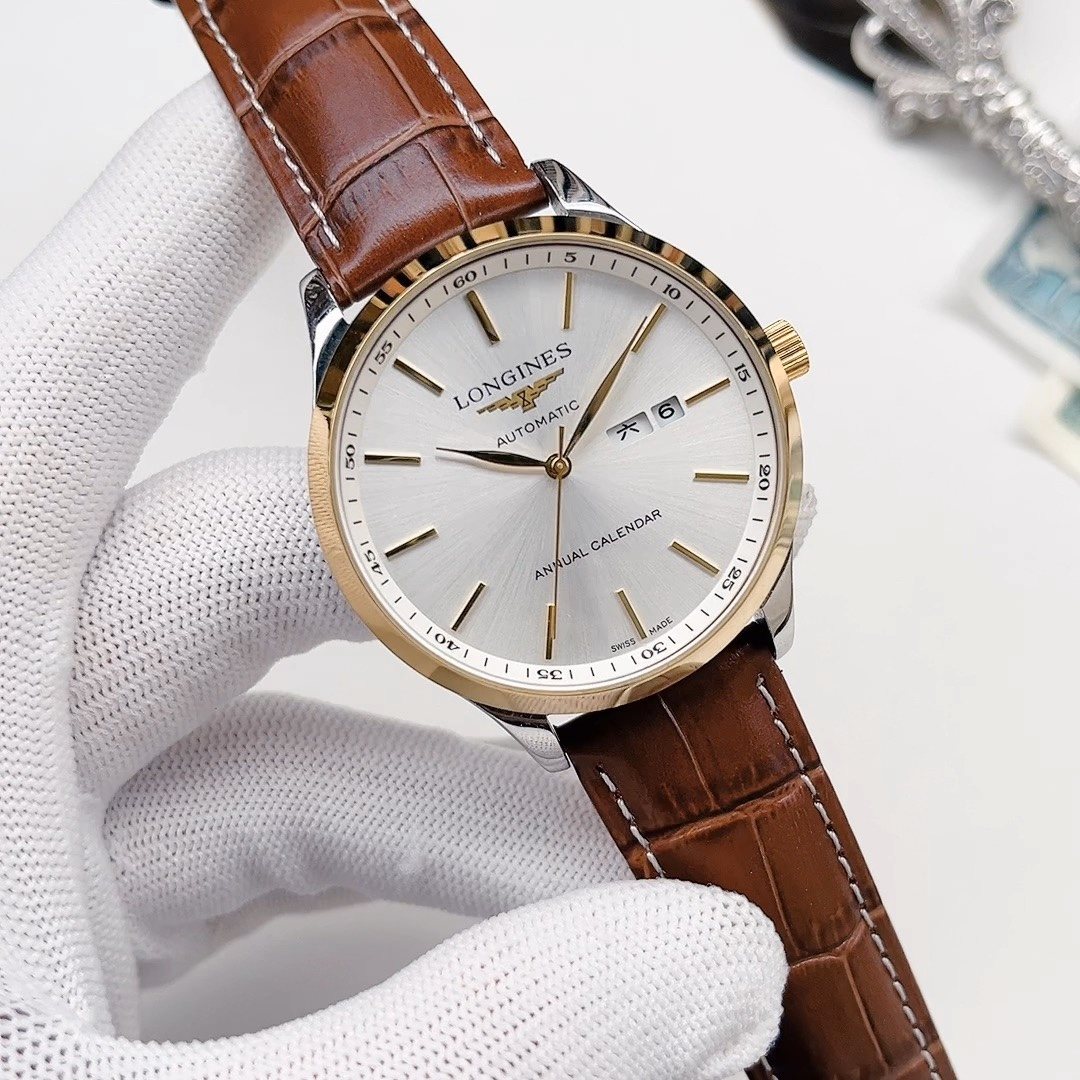 Brown Gold White Dial Leather Strap Watch — front