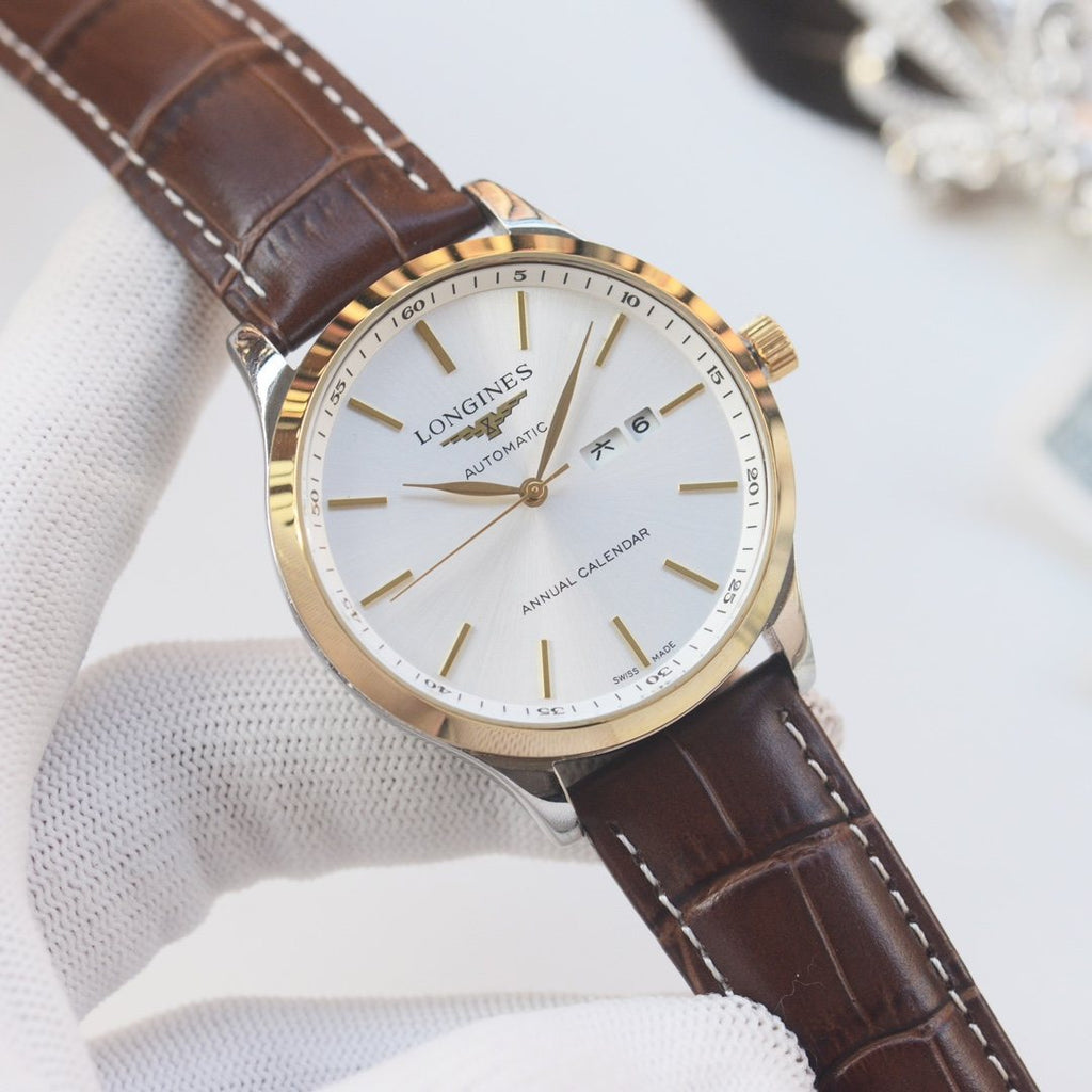 Brown Gold White Dial Leather Strap Watch — front