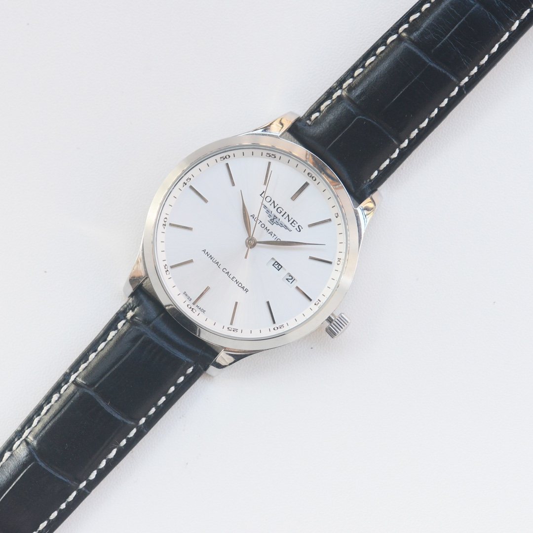 Black Silver White Dial Leather Strap Watch — hero
