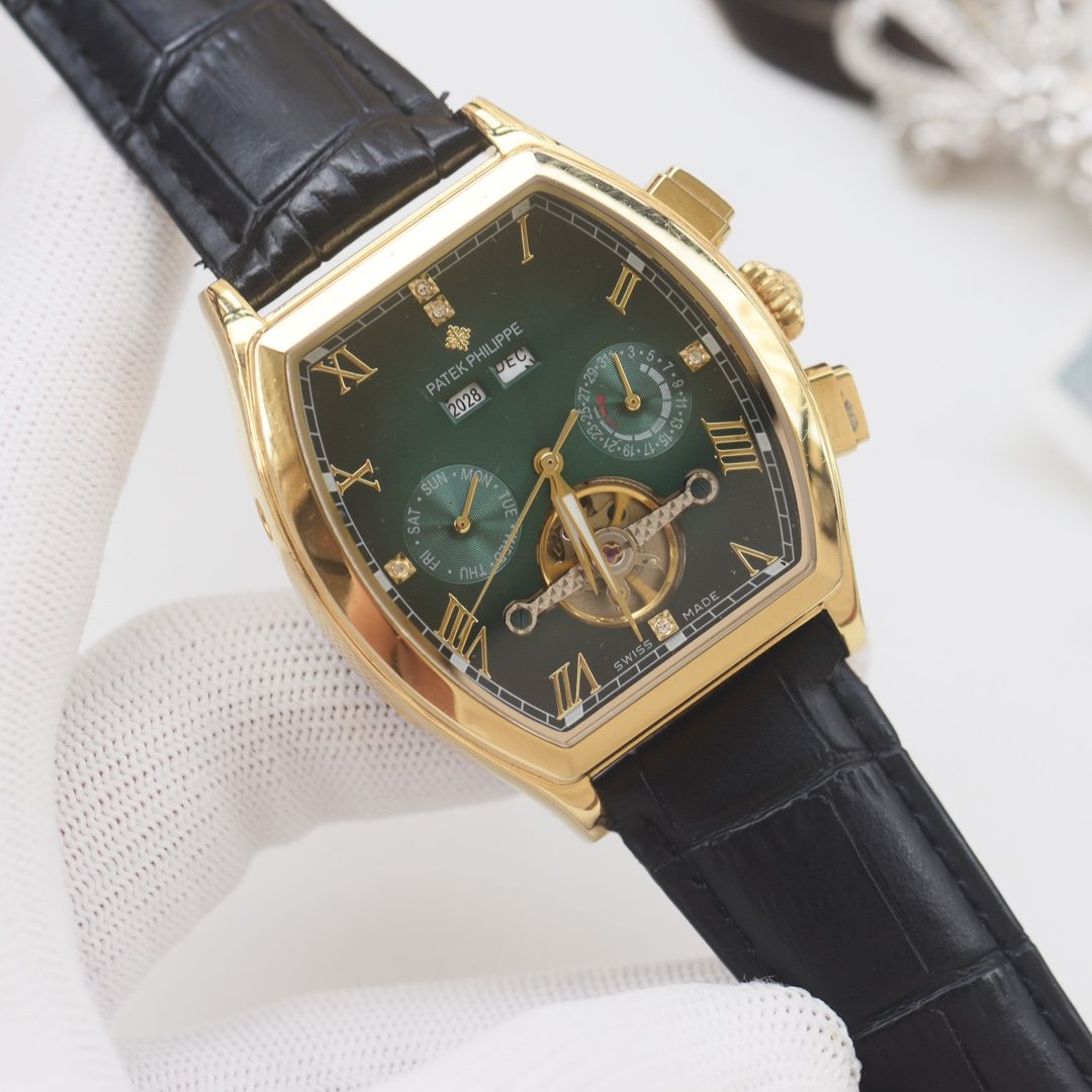 PATEK PHILIPPE Gold Black Green Dial Leather Strap Watch — hero