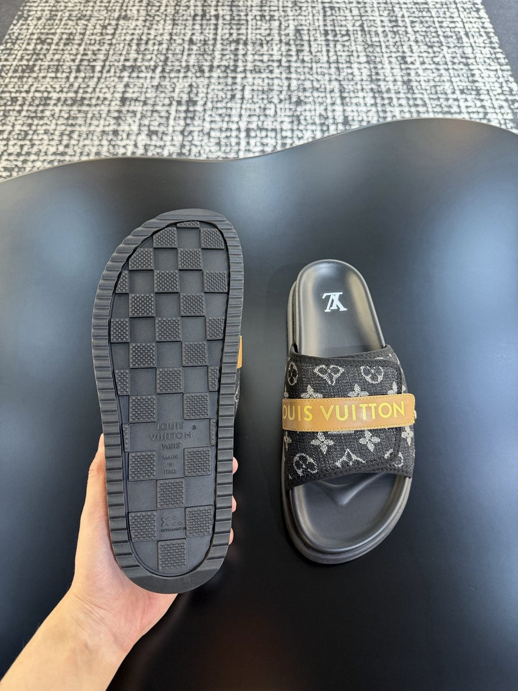 Louis Vuitton Patterned Strap Slide Sandals — side