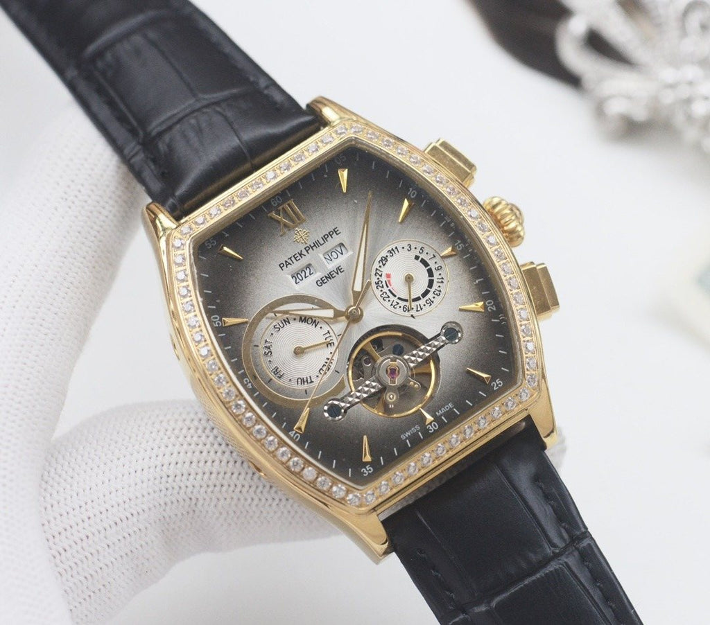 PATEK PHILIPPE Gold Black Silver Dial Leather Strap Watch — hero