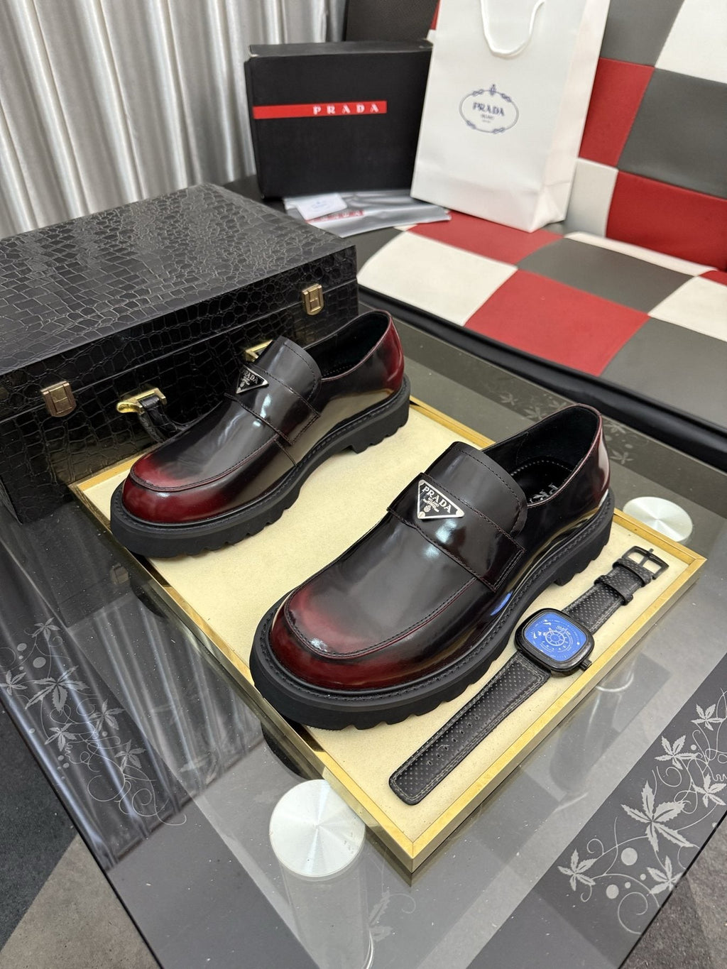 Prada Black Plaque Strap Loafers — front