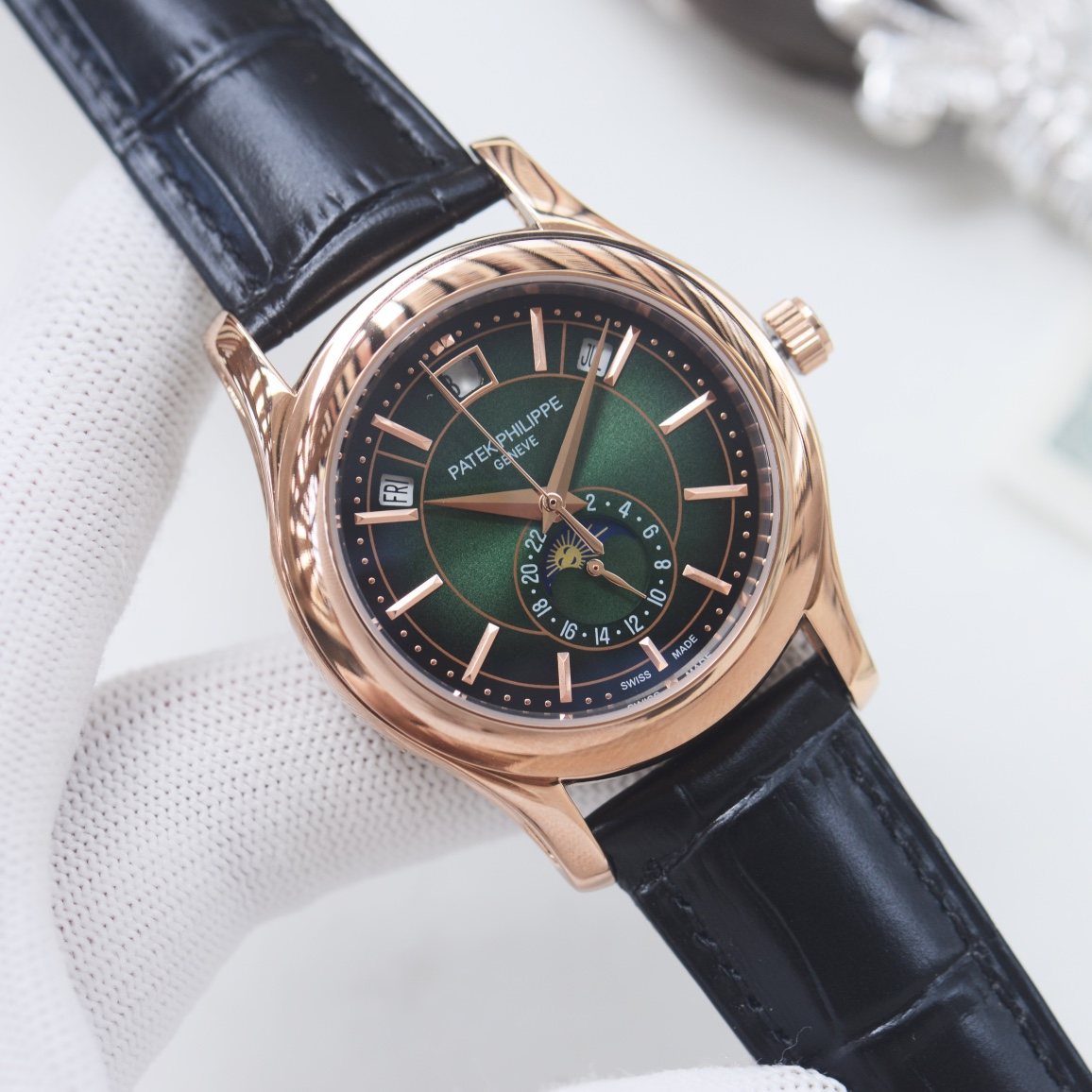 PATEK PHILIPPE Rose Gold Black Green Dial Leather Strap Watch — hero