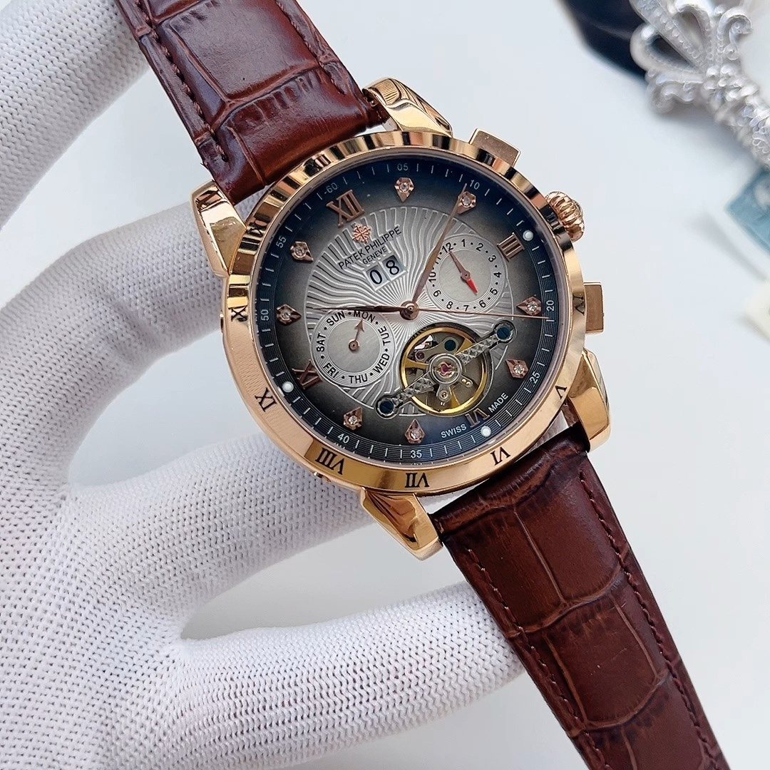 Patek Philippe Rose Gold Brown Silver Dial Strap Watch — hero