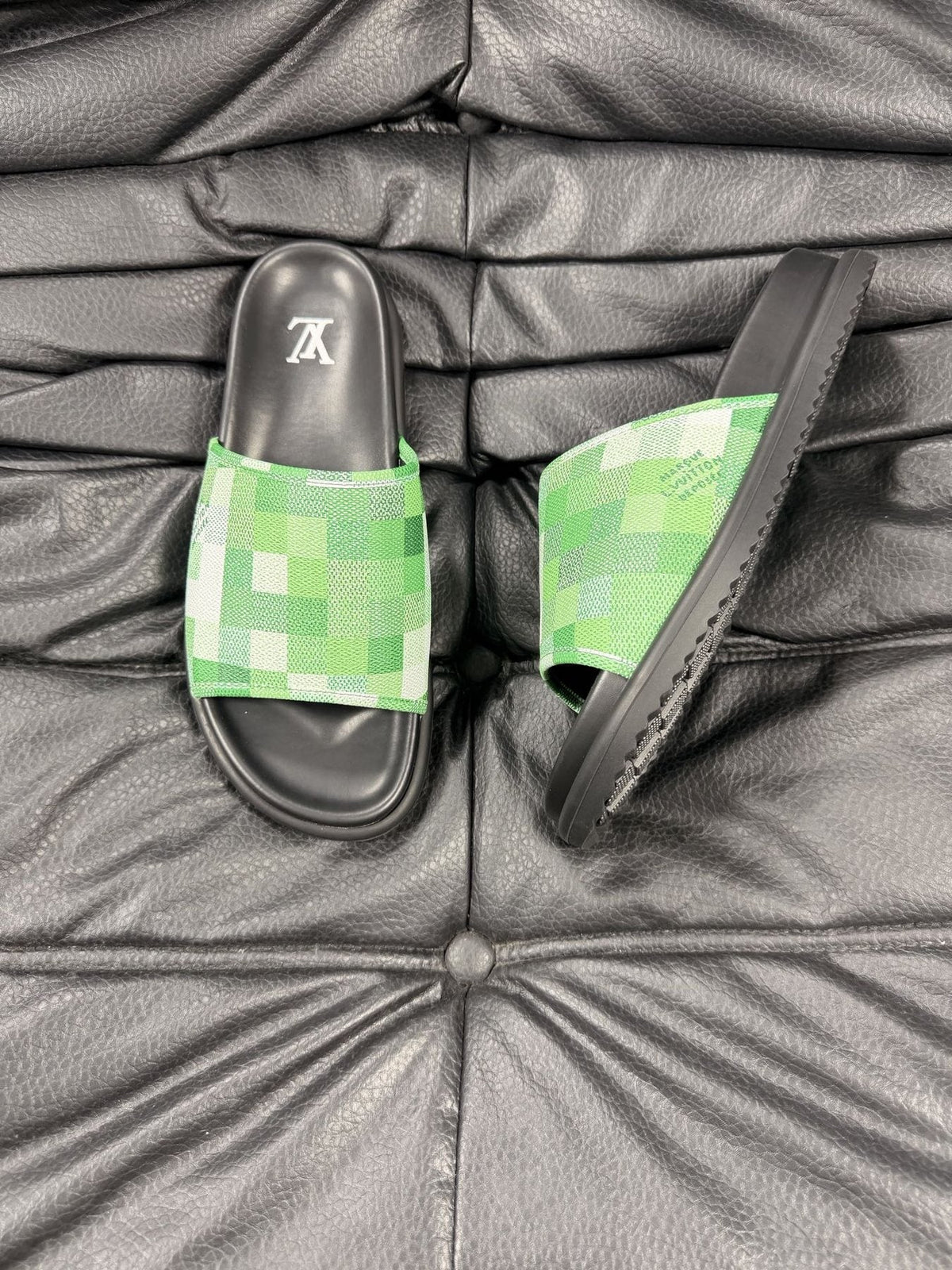 Louis Vuitton Blue Checkerboard Slide Sandals — front