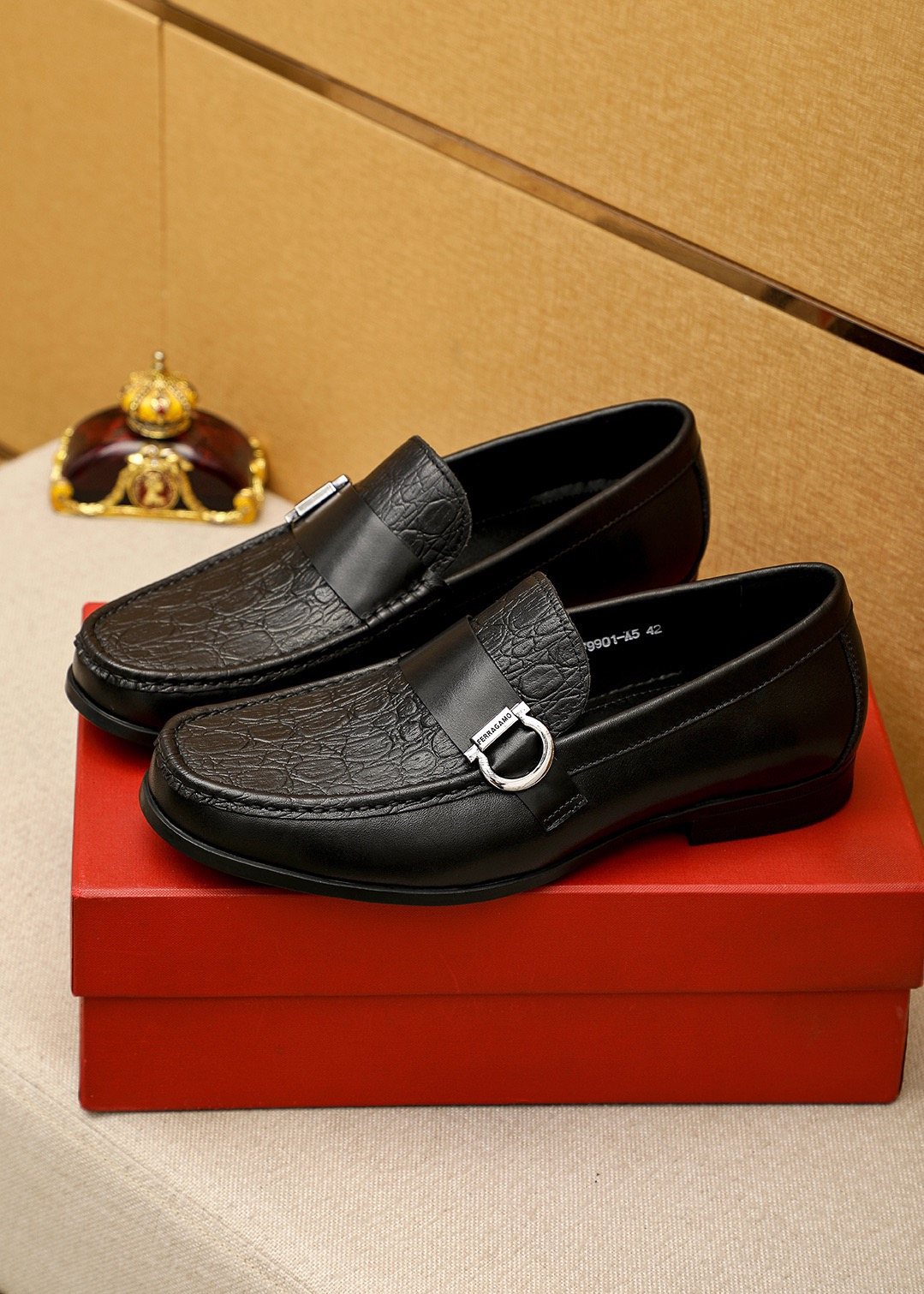Ferragamo Embossed Buckle Loafers — model