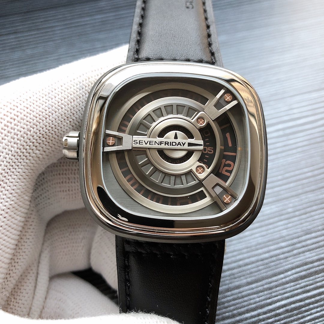 SEVENFRIDAY Black Silver Leather Strap Watch — front