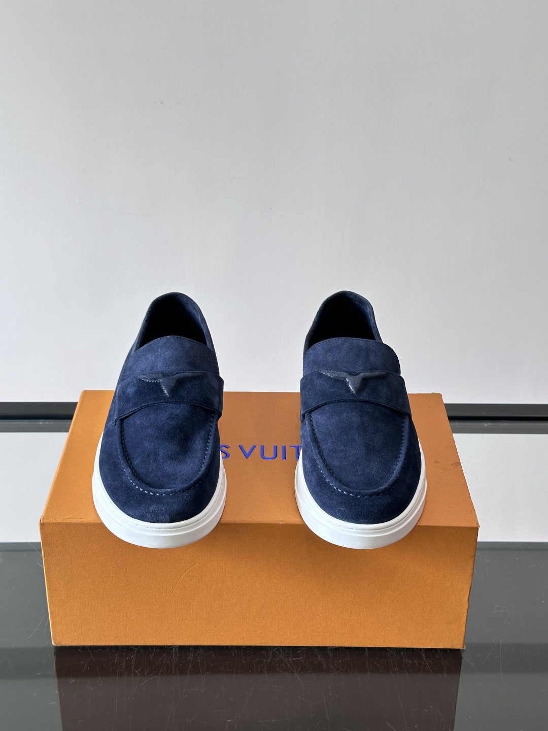 Louis Vuitton Navy Blue Suede Loafers — front