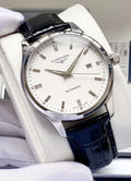 Silver Black White Dial Leather Strap Watch — hero